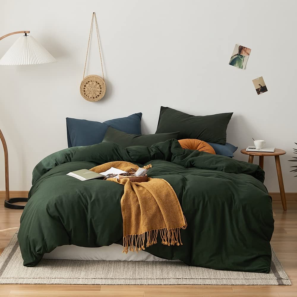 AMWAN Dark Green Duvet Cover 100% Jersey Knit Cotton Duvet Cover King Olive Green Comforter Cover Luxury Soft T Shirt Cotton Bed
